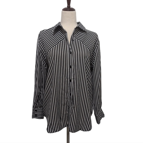 NWT Notations Black And White Striped Long Sleeve Button Down Blouse Size Large - Picture 1 of 12